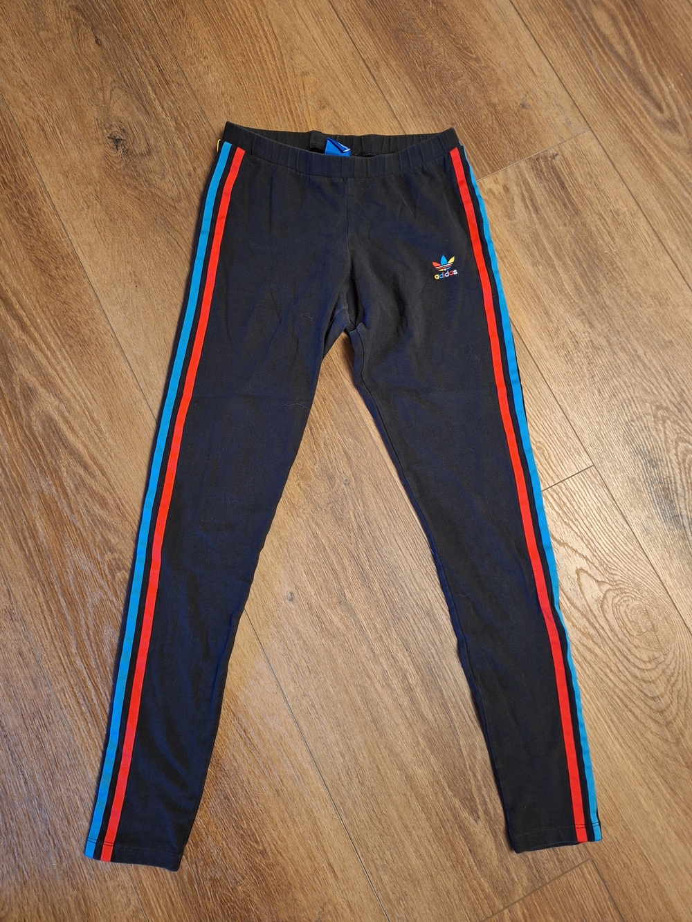 adidas Black Leggings with Red & Blue Side Stripes